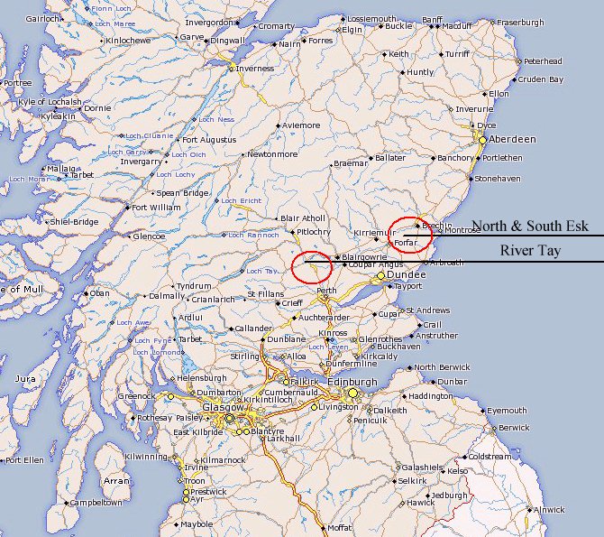 Location map of our Spey Casting courses on the Rivers Tay, North Esk and South Esk.